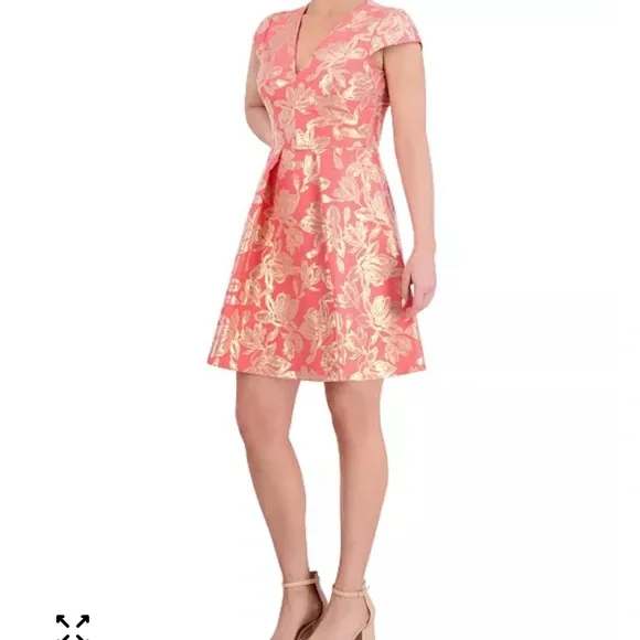 Vince Camuto Coral and Gold Jacquard Rose Floral Dress - Picture 3 of 6